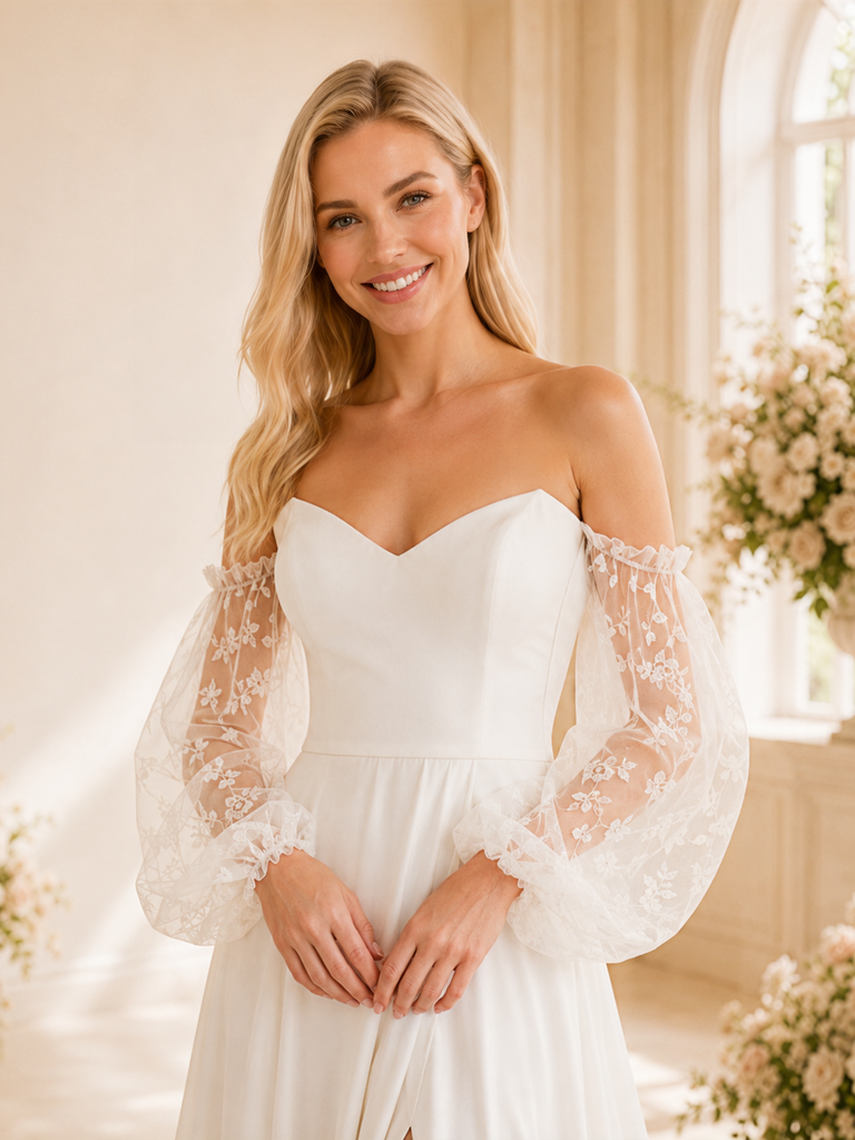 ChicSew Elegant Fancy Long Lace Sleeves A-Line Side Slit Chiffon Floor-Length Wedding Dress With Pleats