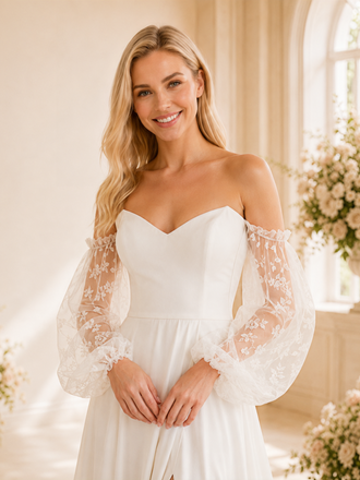 ChicSew Elegant Fancy Long Lace Sleeves A-Line Side Slit Chiffon Floor-Length Wedding Dress With Pleats