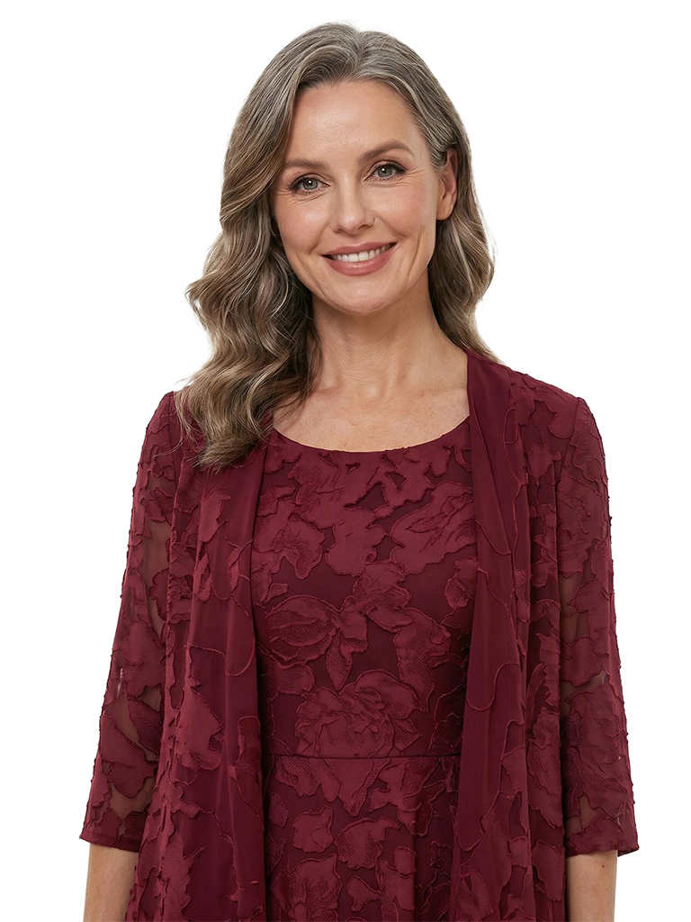 Chicsew Elegant Scoop 3/4 Sleeves Two-Pieces Floral Burnout Chiffon A-line Formal Mother of Bride Dress