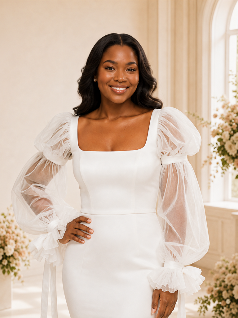 ChicSew Unique Square Neck Mermaid Crepe Long Puff Sleeves Maxi Wedding Dress
