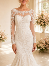 ChicSew Delicate Mermaid Illusion Long Sleeves Lace Tulle Maxi Wedding Dresses With Train