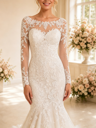 ChicSew Delicate Mermaid Illusion Long Sleeves Lace Tulle Maxi Wedding Dresses With Train