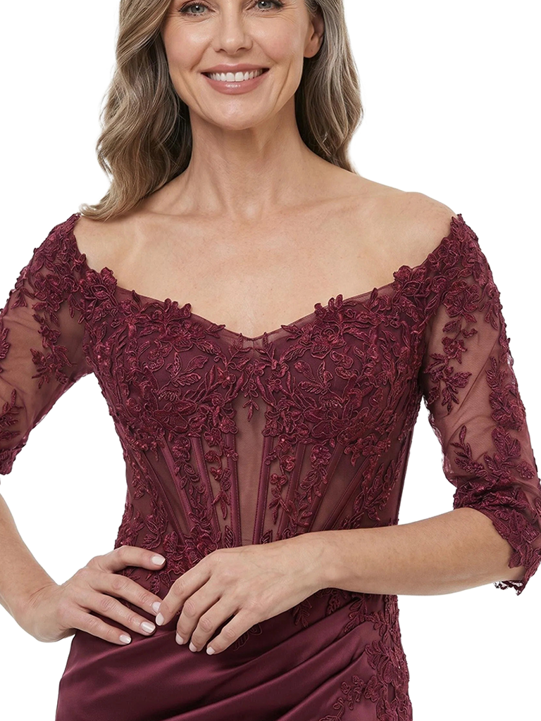 ChicSew Half Sleeve Lace Applique Satin Floor Length Mermaid Elegant Mother of the Bride Dress