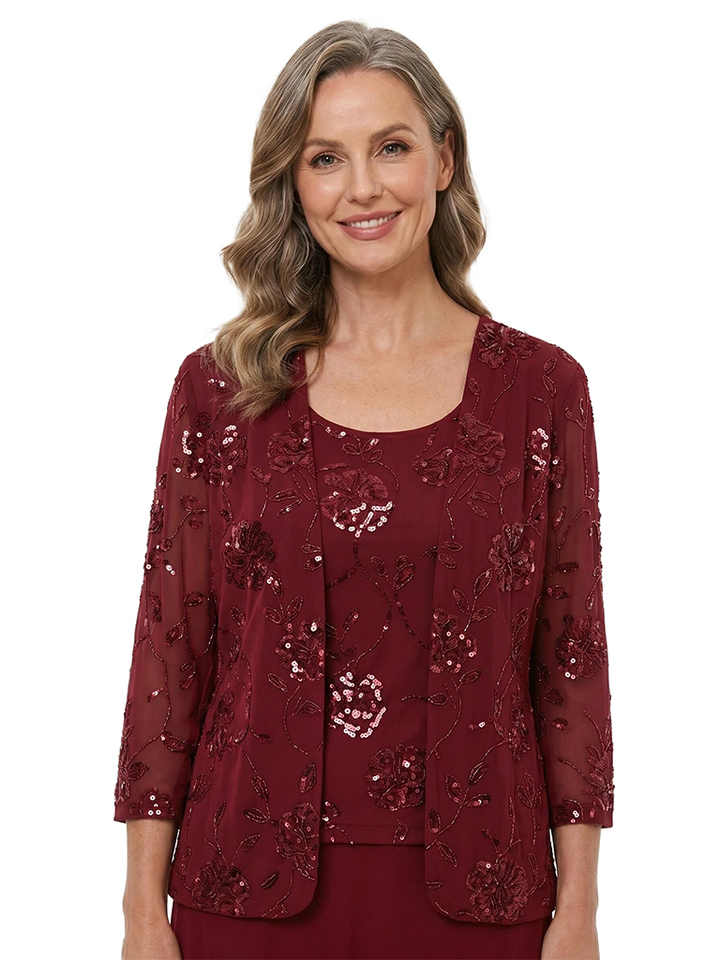 ChicSew Fancy Chiffon Sequin Mother Of The Groom Dress With Matching Jacket Scoop Neck Tea Length