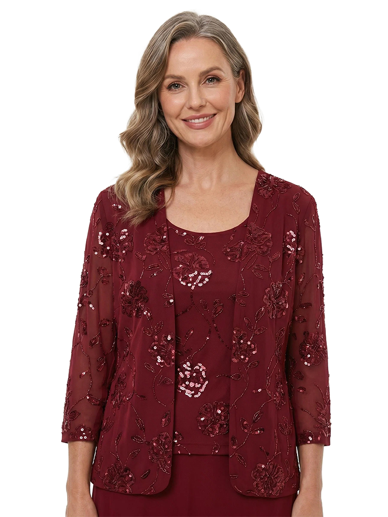 ChicSew Fancy Chiffon Sequin Mother Of The Groom Dress With Matching Jacket Scoop Neck Tea Length