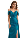 Sexy Silky Satin Off The Shoulder V-Neck Mermaid Long Bridesmaid Dresses Side Slit