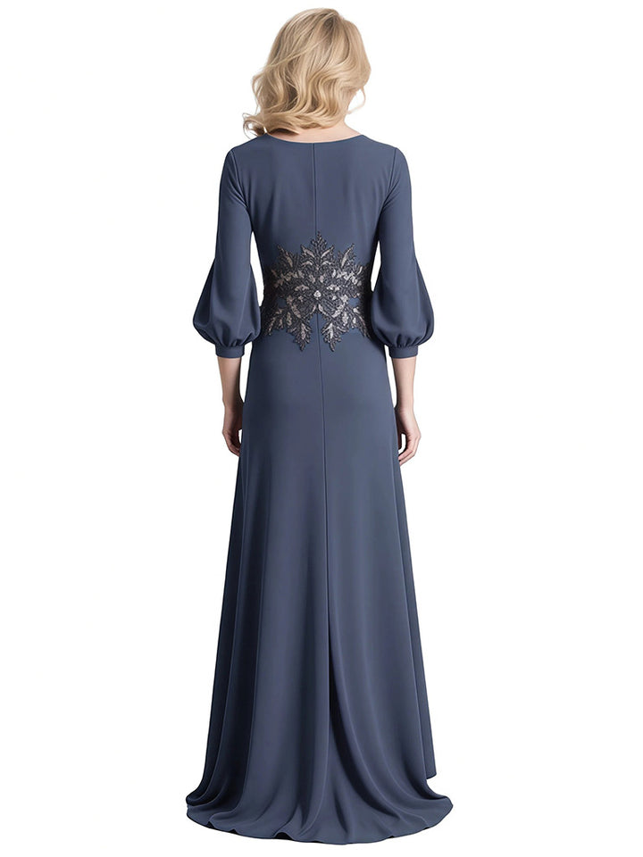 Elegant Satin Scoop 3/4 Sleeves A-line Long Mother Of The Bride Dresses