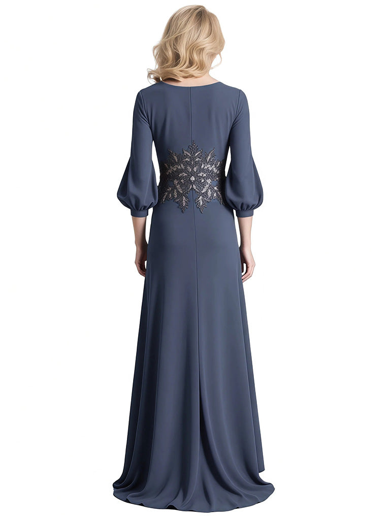 Elegant Satin Scoop 3/4 Sleeves A-line Long Mother Of The Bride Dresses