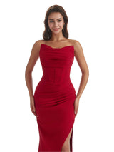 Sexy Sweetheart Mermaid Crepe Long Bridesmaid Dress For Wedding Boning Side Slit