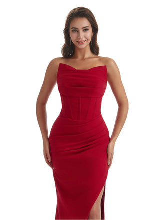 Sexy Sweetheart Mermaid Crepe Long Bridesmaid Dress For Wedding Boning Side Slit