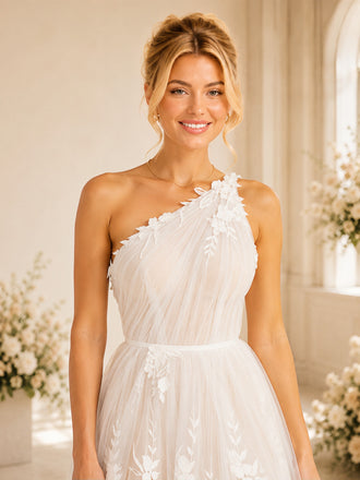 ChicSew Romantic Asymmetric One Shoulder Side Slit A-Line Long Wedding Dresses