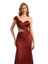 Elegant Lace Silky Satin One Shoulder Mermaid Floor Length Bridesmaid Dresses Online