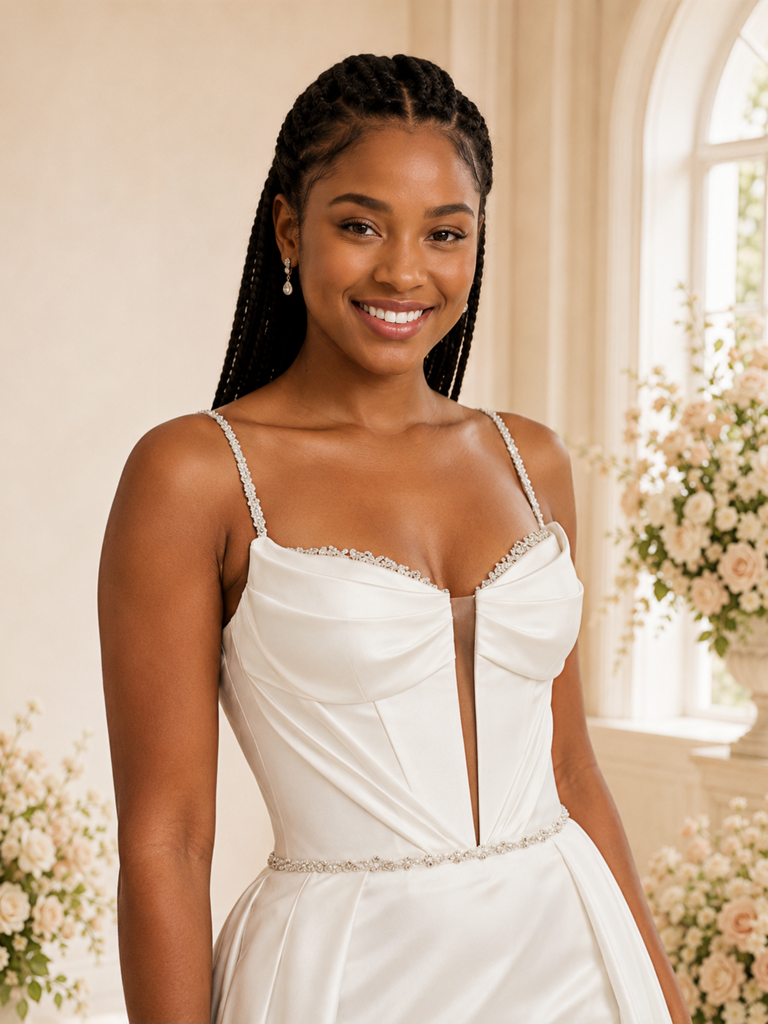 ChicSew Fancy Unique Mermaid Satin Spaghetti Straps Side Slit Wedding Dress With Overskirt