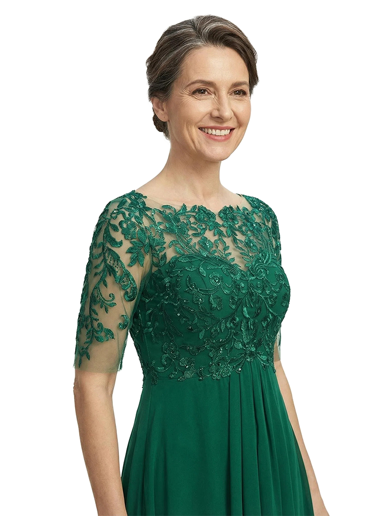 ChicSew Jewel Half Sleeve Lace Ruched Tea Length Chiffon Mother Of The Bride Dresses