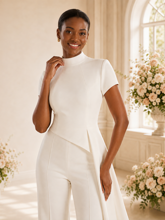 ChicSew Unique High Neck Short Sleeves Crepe Floor-Length Wedding Jumpsuit