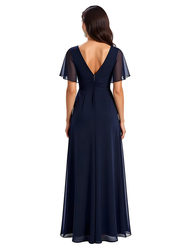 Elegant A-line V-neck Chiffon Bell Sleeves Mother of the Brides Dresses