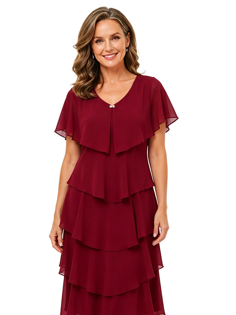 ChicSew V-Neck Flutter Sleeve Tiered Chiffon A-Line Mother of the Bride Dress