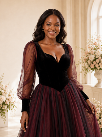 ChicSew Elegant A-Line V-Neck Long Sleeves Velvet Tulle Maxi Wedding Dress