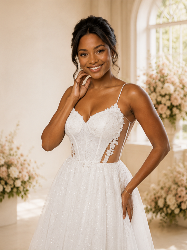 ChicSew Romantic A-Line Spaghetti Straps V-Neck Glitter Tulle Maxi Wedding Dress