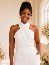 ChicSew Modern Halter Ruching Open Back Crepe Floor-Length Wedding Jumpsuit