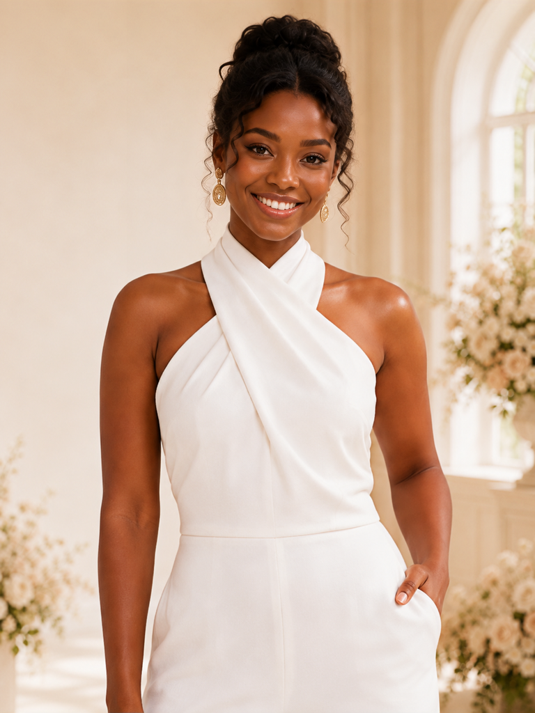 ChicSew Modern Halter Ruching Open Back Crepe Floor-Length Wedding Jumpsuit