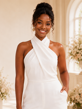 ChicSew Modern Halter Ruching Open Back Crepe Floor-Length Wedding Jumpsuit