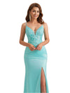 Sexy Mermaid Lace Silky Satin Spaghetti Straps Unique Long Bridesmaid Dresses Side Slit