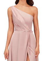 Elegant One Shoulder Side Slit Soft Satin A-Line Long Bridesmaid Dresses Online