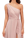 Elegant One Shoulder Side Slit Soft Satin A-Line Long Bridesmaid Dresses Online