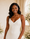 ChicSew Simple Spaghetti Straps V-Neck Side Slit Crepe Mermaid Long Wedding Dress