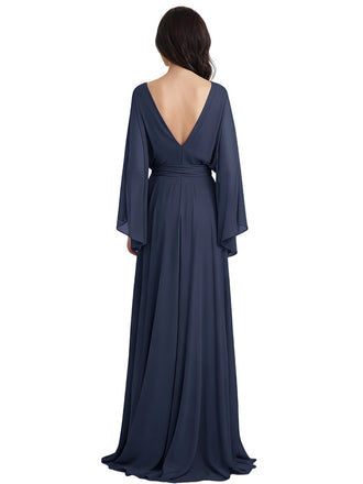 Casual Chiffon V-neck Long Flutter Sleeves A-Line Long Mother of The Bride Dresses