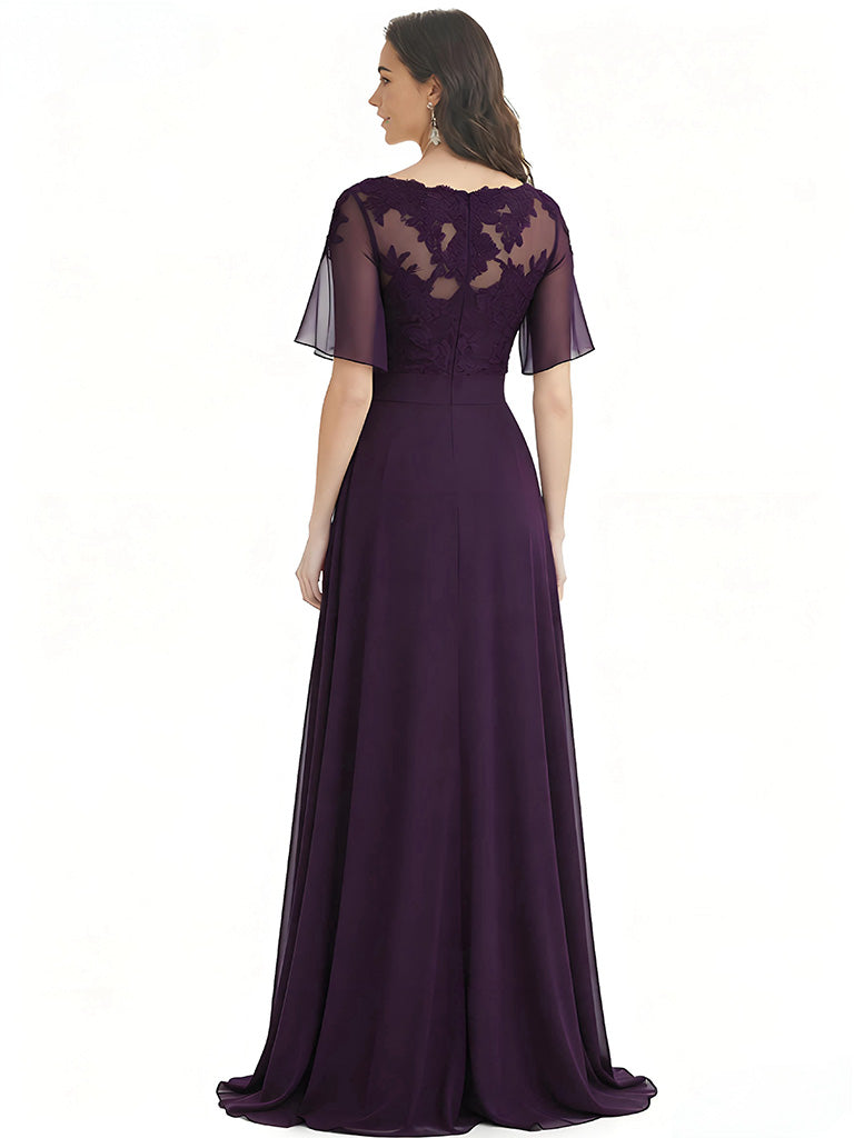 Elegant A-line V-neck Chiffon Flutter Sleeves Mother of the Brides Dresses