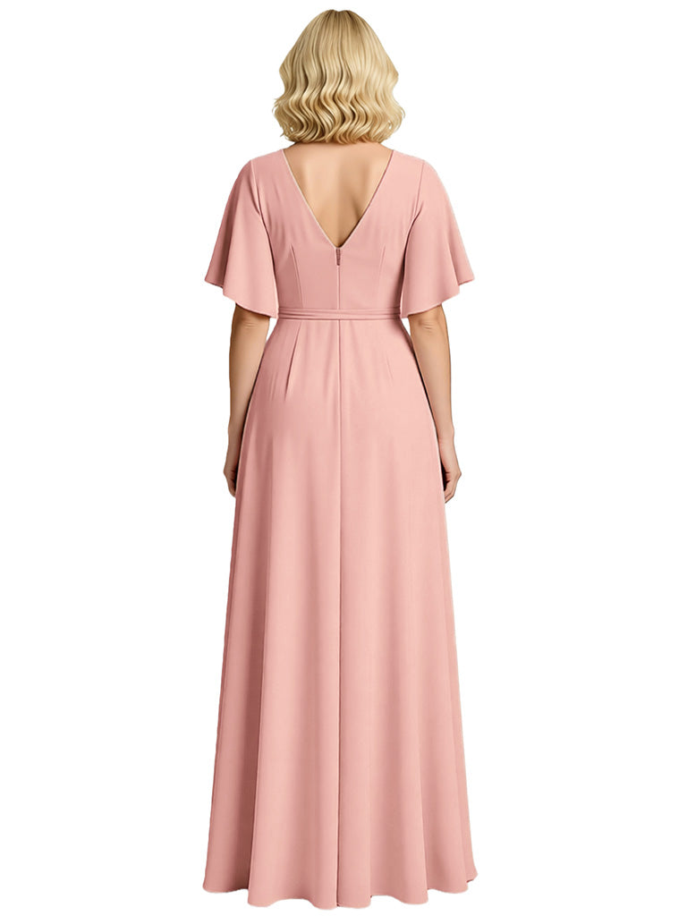 Elegant V-neck Bell Sleeves A-line Chiffon Ruffles Mother of the Brides Dresses