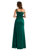 Sexy Mermaid Ruched Asymmetric Straps Side Slit Silky Satin Maxi Ladies Evening Gowns