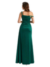 Sexy Mermaid Ruched Asymmetric Straps Side Slit Silky Satin Maxi Ladies Evening Gowns