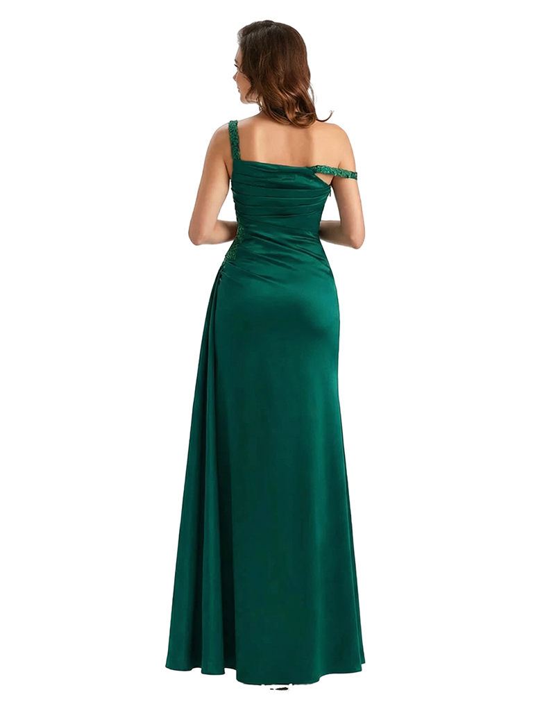 Sexy Mermaid Ruched Asymmetric Straps Side Slit Silky Satin Maxi Ladies Evening Gowns