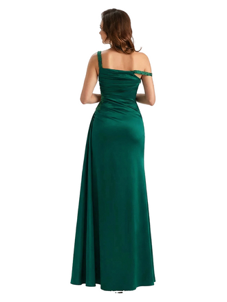 Sexy Mermaid Ruched Asymmetric Straps Side Slit Silky Satin Maxi Ladies Evening Gowns