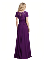 Elegant Chiffon Lace Short Sleeves V-Neck A-Line Mother Of The Bride Dresses