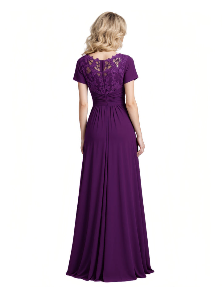 Elegant Chiffon Lace Short Sleeves V-Neck A-Line Mother Of The Bride Dresses