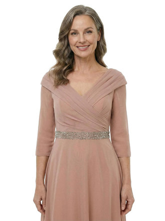 ChicSew Fancy 3/4 Sleeves V-Neck Chiffon A-Line Mother Of The Bride Gowns Floor-Length With Beading