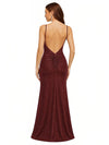 Shiny Spaghetti Straps Mermaid Glitter Jersey Maxi Evening Dresses For Ladies Side Slit