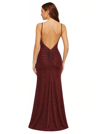 Shiny Spaghetti Straps Mermaid Glitter Jersey Maxi Evening Dresses For Ladies Side Slit