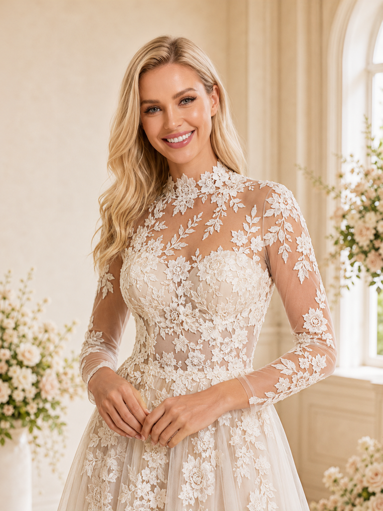 ChicSew Pretty A-Line High Neck Lace Tulle Long Sleeves Full-Length Wedding Dresses