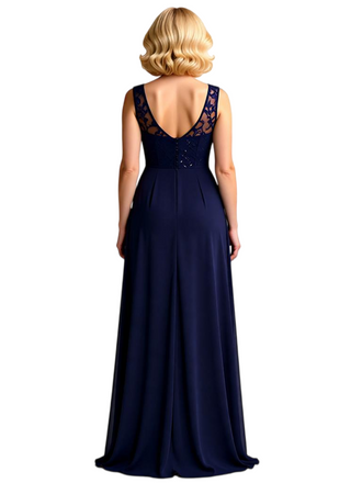 Elegant Sleeveless V-Neck Lace Applique Chiffon A-line Long Mother of The Bride Dresses Side Slit