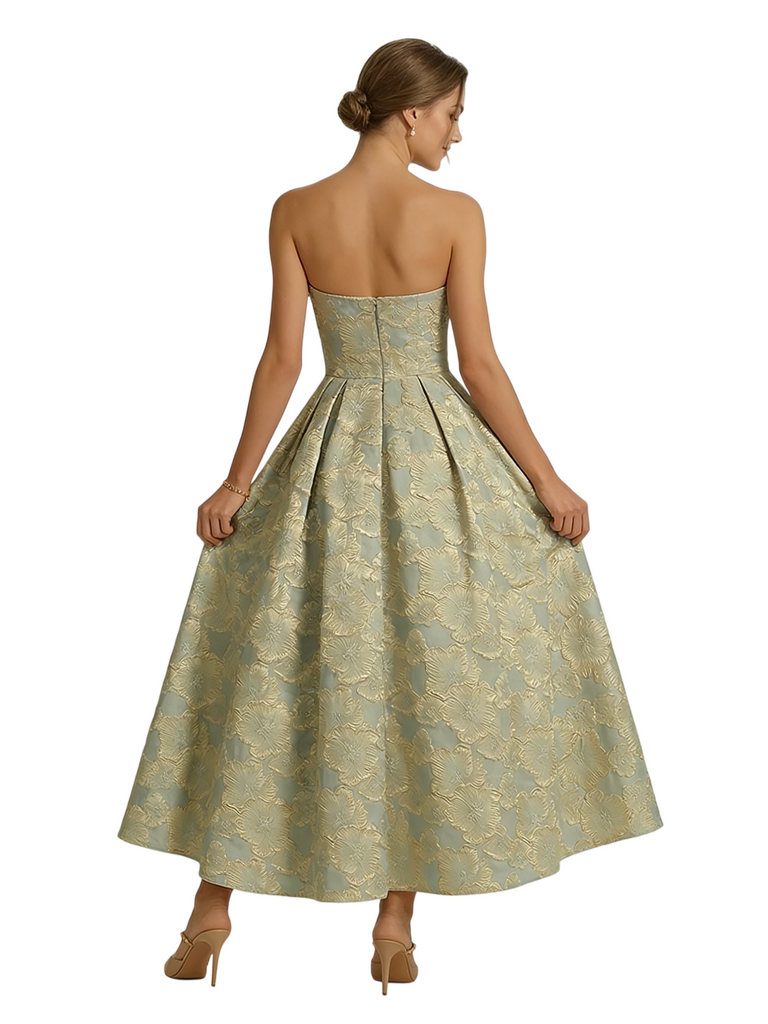 ChicSew Modern Floral Jacquard Sweetheart Strapless Sleeveless Tea-Length A-Line Long Formal Evening Dresses