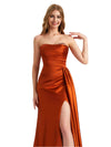 Elegant Sweetheart Silky Satin Mermaid Beaded Ruched Long Bridesmaid Dresses Slit