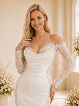 ChicSew Unique Glamorous Long Sleeves Mermaid Lace Applique Crepe Maxi Long Wedding Dress