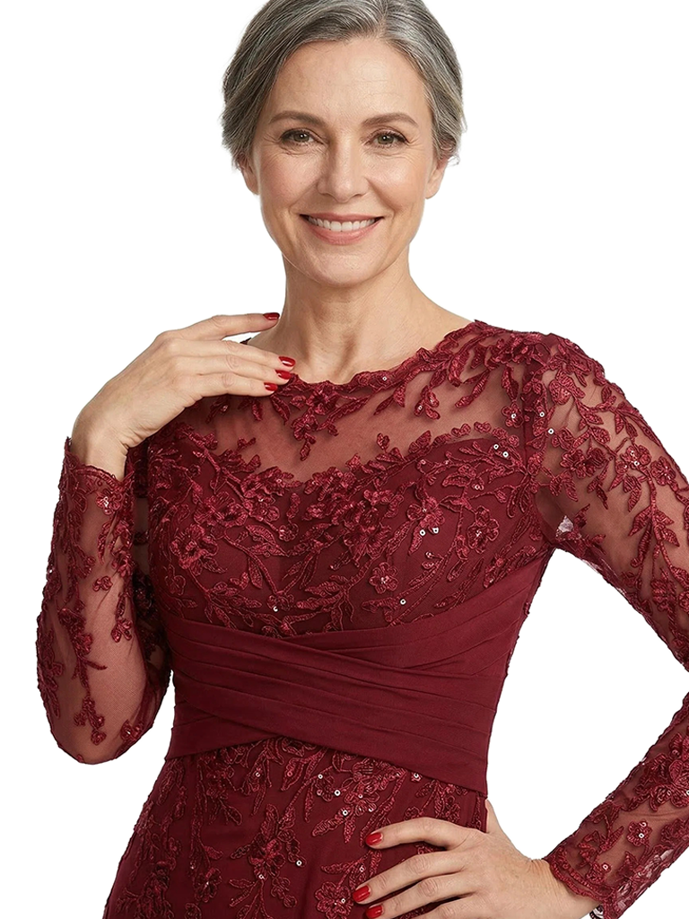 ChicSew Jewel  Lace  Long Sleeve Ruched Waist Floor Length Chiffon Romantic Mom Of The Groom Dresses