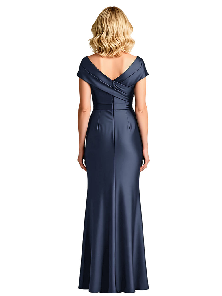 Elegant Mermaid Asymmetrical Satin Cap Sleeves Mother of the Brides Dresses Slit