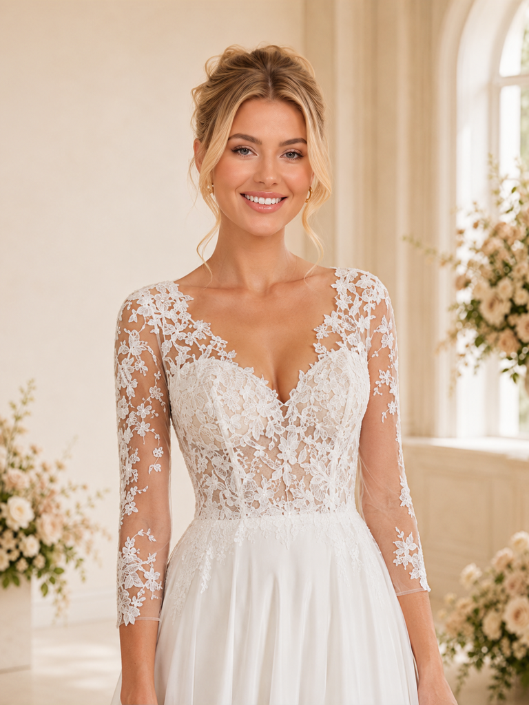ChicSew Classy V-Neck 3/4 Sleeves Lace Chiffon A-Line Maxi Wedding Dress